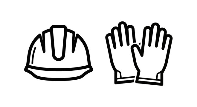 Hard hat and gloves icons: safety, work, and protection gear concepts, line art, hardhat icon