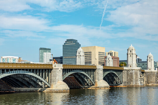 skyline of Boston seen from river Charles with longfellow bridge