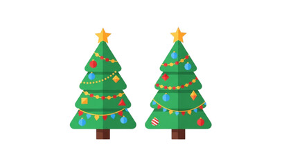 Fototapeta premium Two decorated Christmas trees flat vector illustration with ornaments and golden stars for holiday celebration design