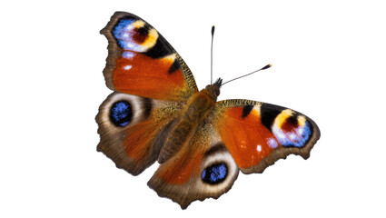 Vibrant European Peacock butterfly (Aglais io) with colorful open wings and striking eye patterns © Rowan