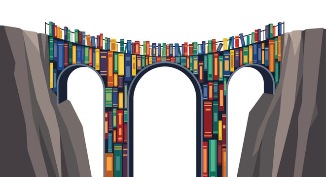 A colorful illustration of a bridge made of books spanning a deep gap between two rocky cliffs
