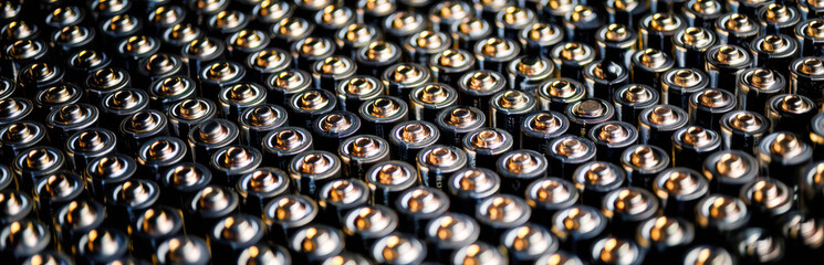 Obraz premium Batteries connected in a single circuit. Industrial metallic surface with precise reflections. Sharpfocused metal module showcasing reflective