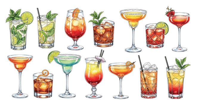 Watercolor Cocktail Drinks Set Colorful Beverages Collection with Glasses Isolated