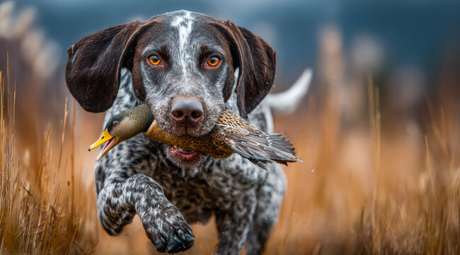 A hunting dog with a duck in its mouth. Brightly colored canine dashes through sunny land. Lively dog with pointed ears enthusiastically speeds