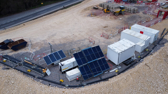Aerial view of civil infrastructure construction around road building. A417, Cotswolds, UK