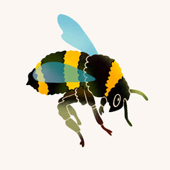 Flying puffy bumblebee or Bee. Spring, summer, nature, insect, honey concept. Hand drawn modern Vector illustration. Logo, print, sticker template. Isolated design element