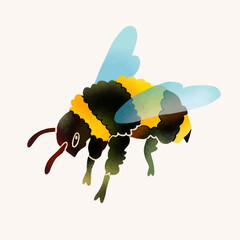 Flying puffy bumblebee or Bee. Spring, summer, nature, insect, honey concept. Hand drawn modern Vector illustration. Logo, print, sticker template. Isolated design element