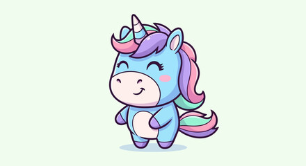 Obraz premium Cute cartoon unicorn smiling with colorful mane on a light background.
