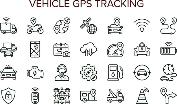 Vehicle GPS tracking outline icon set featuring fleet telematics navigation logistics monitoring transport dashboard interface vector symbols collection