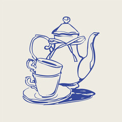Elegant ceramic porcelain Teapot with ribbon, little tea cups, plate. Line art. Decorative outline style. Hand drawn trendy Vector Illustration. Isolated design element. Poster, print, logo template