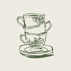 Stack of tea or coffee cups, plate. Elegant ceramic porcelain. Line art. Decorative outline style. Hand drawn trendy Vector Illustration. Isolated design element. Poster, print, logo template