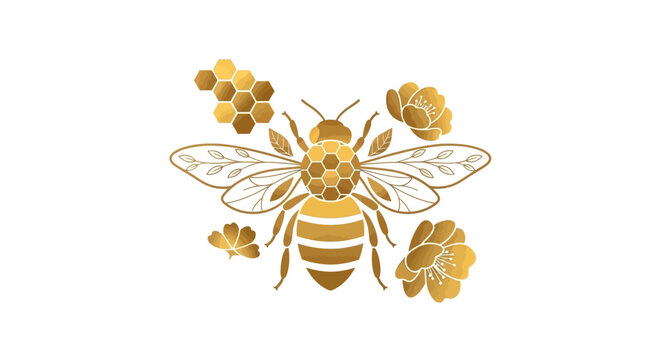 Elegant golden honey bee illustration with honeycomb and flowers