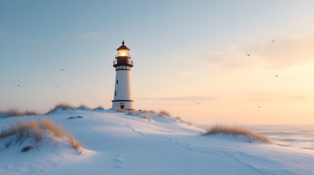 Snowy lighthouse on coastal dunes winter scene