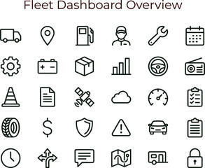 Fototapeta premium Fleet dashboard overview outline icon set featuring logistics vehicle monitoring analytics management navigation interface transport vector symbols collection