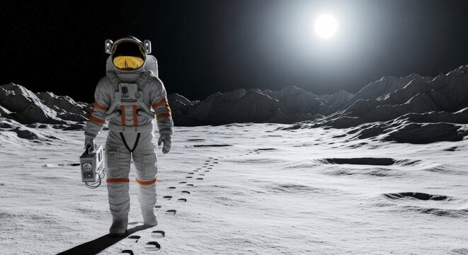 Astronaut walking on the moon with footprints