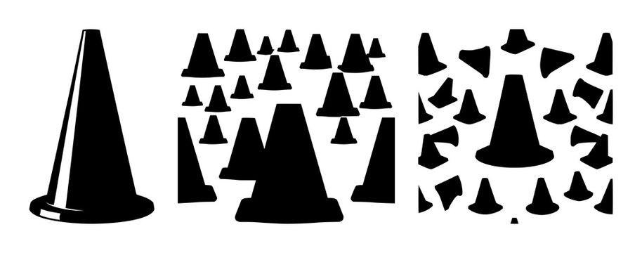 Traffic cone silhouette set with single bold outline drawing featuring traffic cone, safety, warning with road and construction
