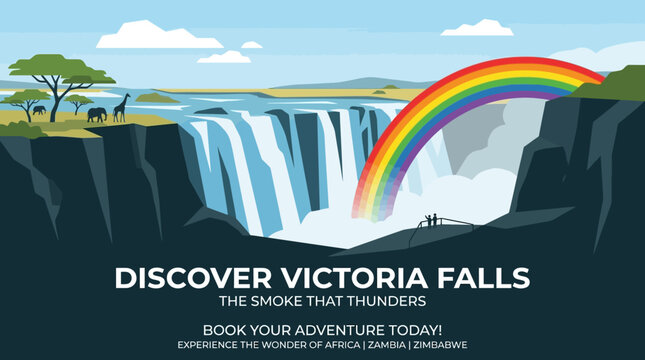 Victoria Falls Landscape with Rainbow and Wildlife