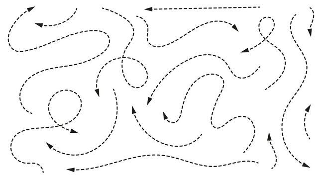 Dotted arrows and dashed line paths set isolated on transparent background. Black vector curved pointers and swirl lines for navigation, infographics and map routes. Minimalist design elements.