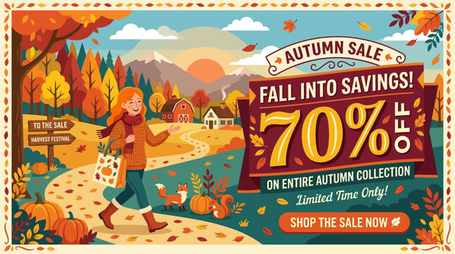 Autumn Sale Banner with Fall Landscape and 70% Off