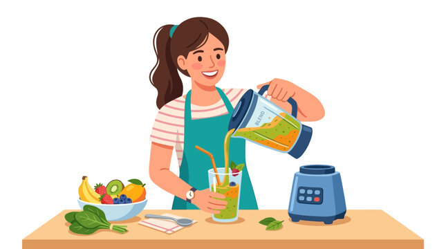 Woman Pouring Fresh Green Smoothie From Blender Into Glass.