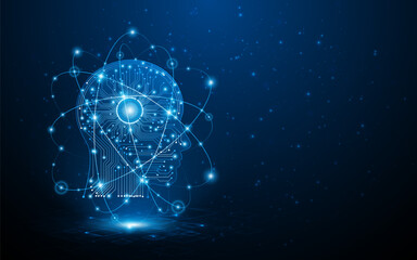 Obraz premium The concept of artificial neural networks or artificial intelligence technology. A human head with a digital circuit board. Digital brain science for future learning. 