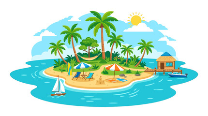 Fototapeta premium Tropical Island Paradise with Palm Trees and Beach Chairs.