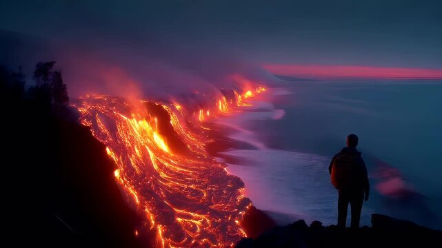 Outdoor exploration adventure. A vivid portrayal of a volcanic landscape at twilight. The main subject is a solitary figure standing on a rocky outcrop, gazing out at the vast expanse of the ocean.