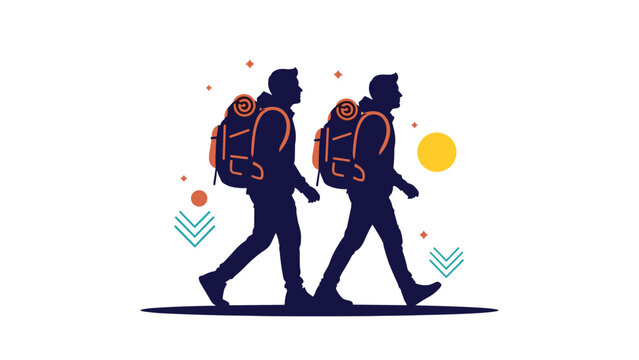 Two minimalist silhouettes of men carrying backpacks walking towards the right with colorful abstract elements like sun and arrows around them.