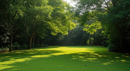 Fototapeta premium Serene forest clearing with lush green grass and sunlight filtering through trees