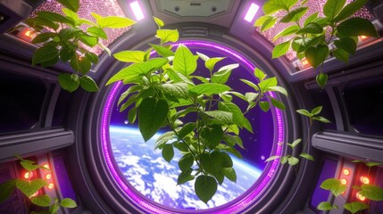 Fototapeta premium Plants grow inside spaceship. Earth visible through window. Purple lights illuminate interior, creating futuristic scene.