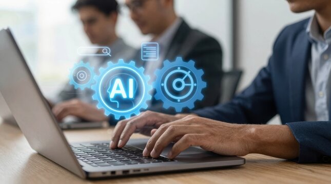 People working on laptops with AI technology and gears in an office setting during the day
