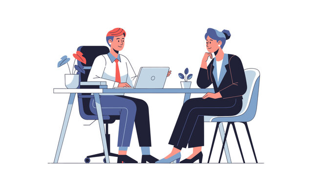 Two professionals in a business meeting discussing work.