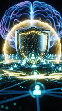 Cyber Security Protection Concept with Brain, Shield and Network Connections in Dark Background