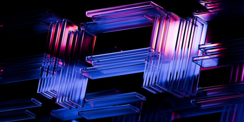 Cyber elements made of transparent glass and liquid acrylic purple blue glow on black backdrop cinematic tech background design cover art visuals 3d rendering © IM_VISUALS