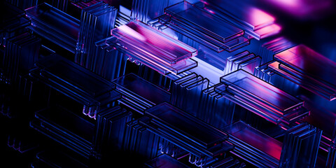 Cyber elements made of transparent glass and liquid acrylic purple blue glow on black backdrop cinematic tech background design cover art visuals 3d rendering © IM_VISUALS