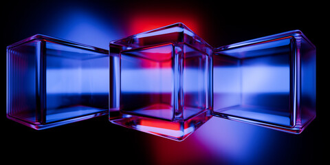 Cyber elements made of transparent glass and liquid acrylic purple blue glow on black backdrop cinematic tech background design cover art visuals 3d rendering © IM_VISUALS