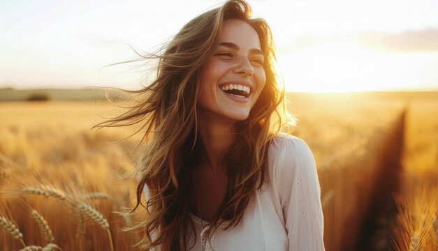 Happy woman with flowing hair enjoying sunlight in nature warm summer vibes