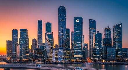 Fototapeta premium A vibrant urban skyline featuring numerous illuminated modern skyscrapers and a bridge over water during a colorful sunset.