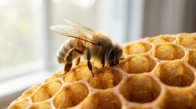 Honey bee on partially filled beeswax honeycomb, depositing golden honey into hexagonal cells while backlit by window light, detailed macro of natural beekeeping production