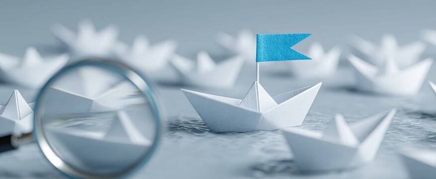 A close-up shot of paper boats, one with a blue flag, amidst other paper boats. A magnifying glass is in the foreground