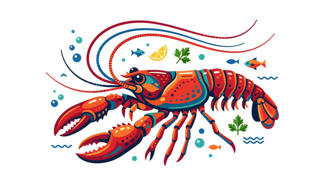 Vibrant Red Lobster Illustration with Whimsical Underwater Elements.