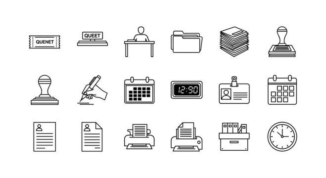 Minimalist office icon set with desk supplies and documents