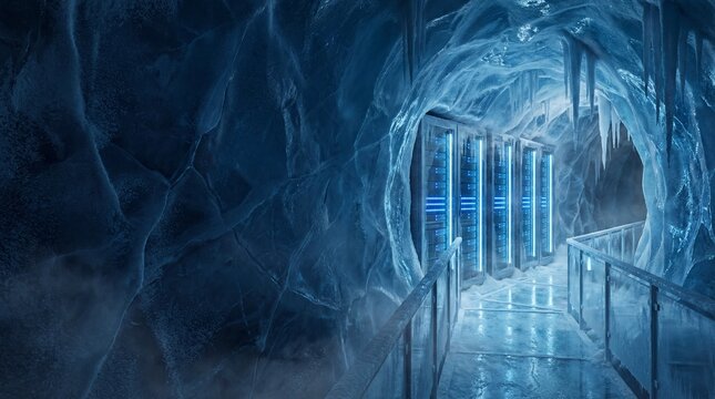 Futuristic data center server racks located inside a glowing blue ice cave.