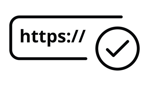Https secure connection icon, black url bar with check mark badge, website verification symbol, approved link sign for browser ui, ssl security, web authentication interface design vector