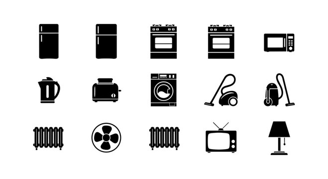 Minimalist home appliances icon set: kitchen and living essentials in black silhouette