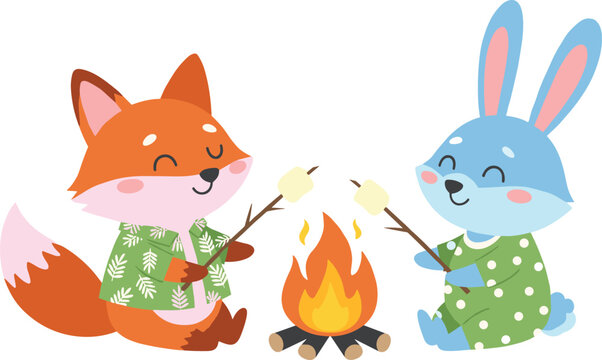 Cartoon vector illustration of fox and rabbit roasting marshmallows at campfire in cozy outdoor camping scene