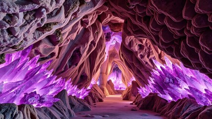 Fototapeta premium Dramatic cave interior. Purple crystals dominate walls, floor. Light emanates from distant opening, creating mystical atmosphere.