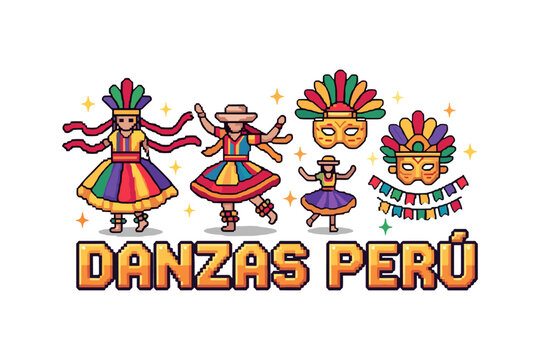 Colorful peruvian dances pixel art with traditional costumes and masks