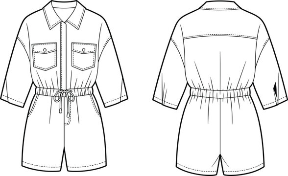 Women utility romper technical fashion drawing, short sleeve belted playsuit template front and back &ndash; cad drawing flat vector illustration