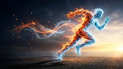 Fototapeta premium Fiery and Icy Figure in Dynamic Motion with Flames and Water Elements